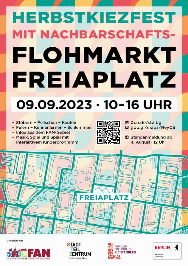 Bannerankündigung zum 11. Nachbarschaftsflohmarkt auf dem Freiaplatz in Berlin Lichtenberg